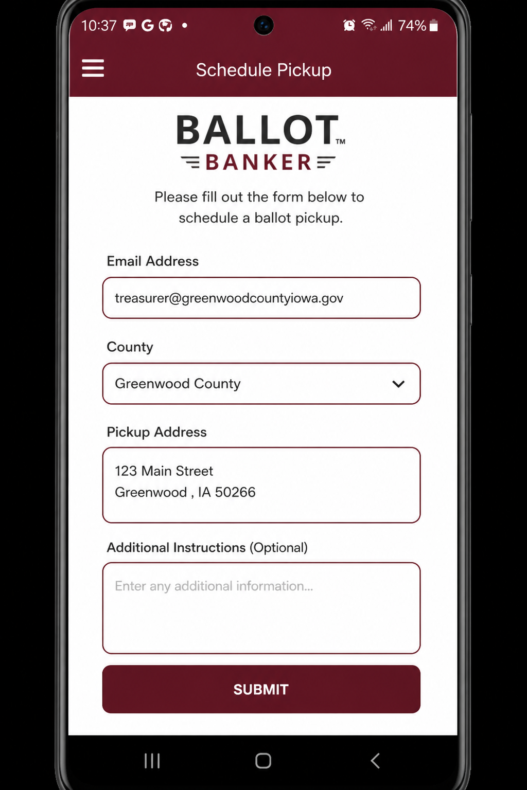 Voter scheduling a pickup in the Ballot Banker app